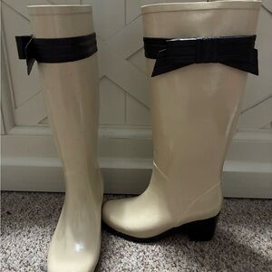 Kate Spade Randi Rain Boots with 2.5 in heel- Cream Women's Boots with Black Bow
